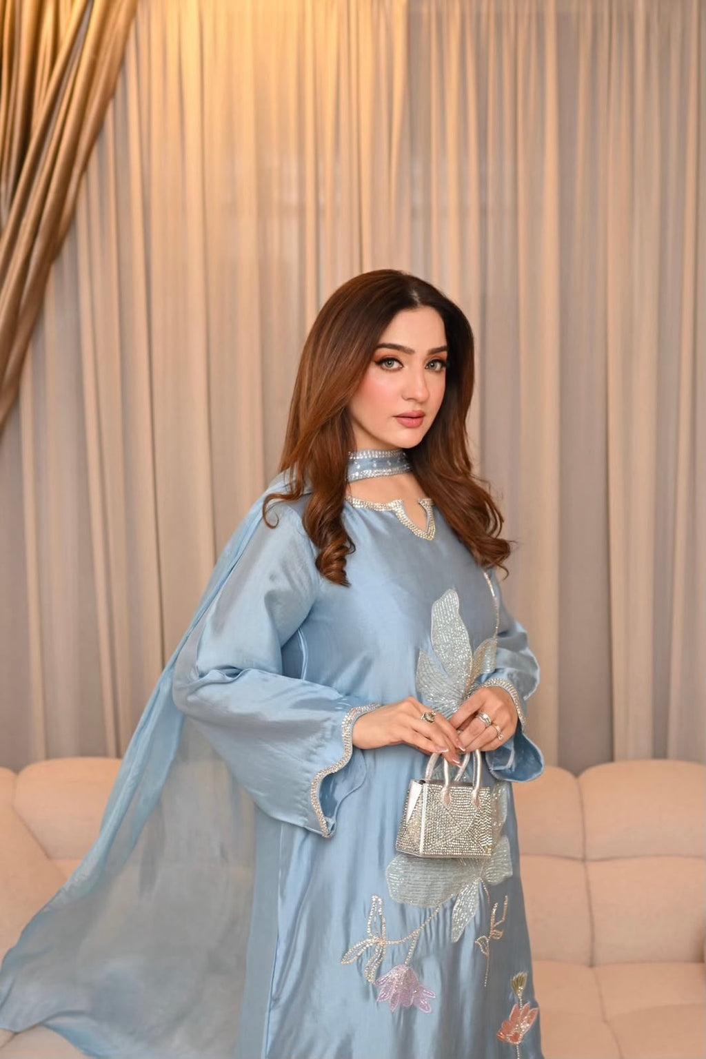LUXURY SILK KAFTAN – ICE BLUE | UNSTITCHED 2PC