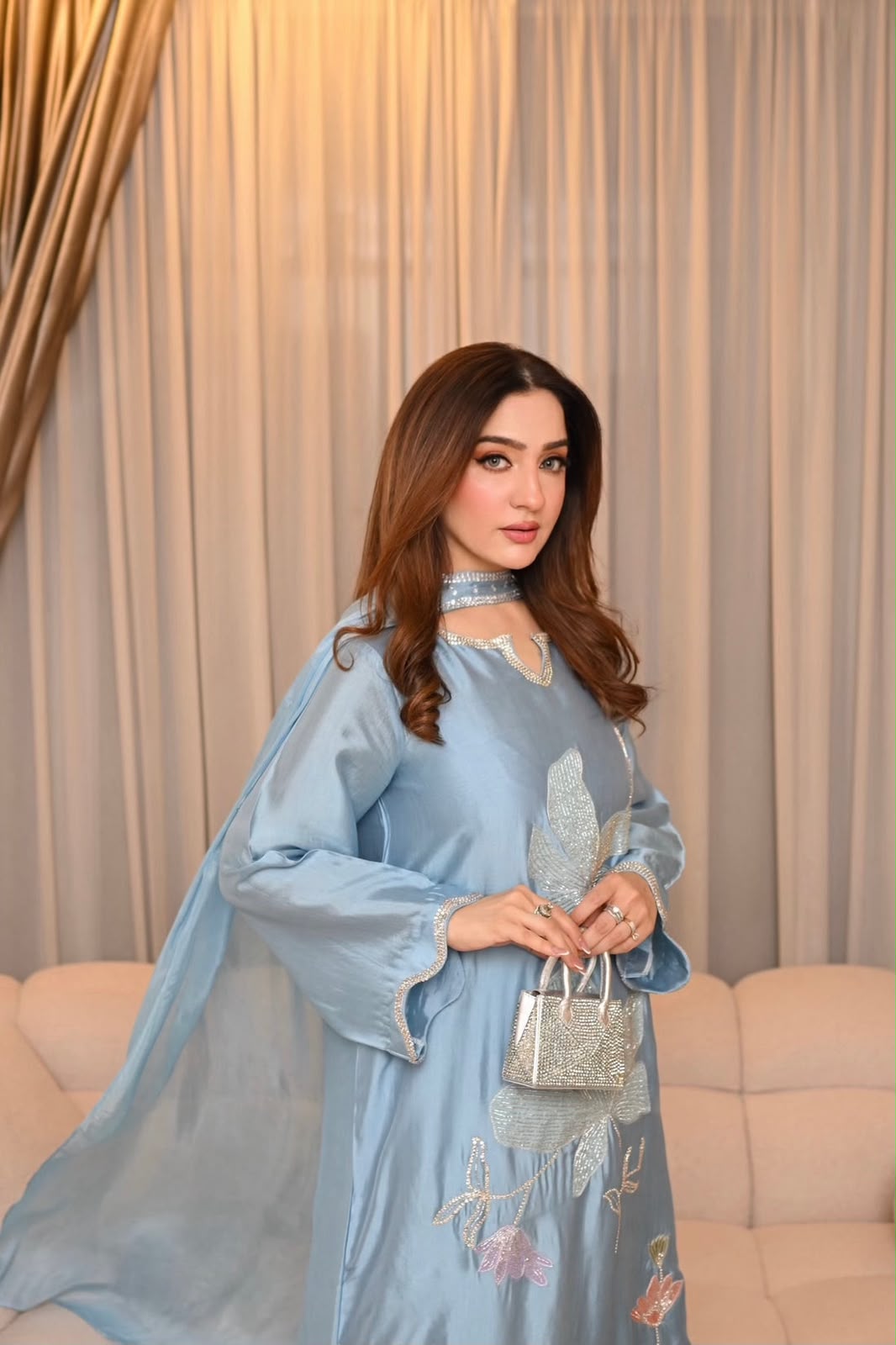 LUXURY SILK KAFTAN – ICE BLUE | UNSTITCHED 2PC