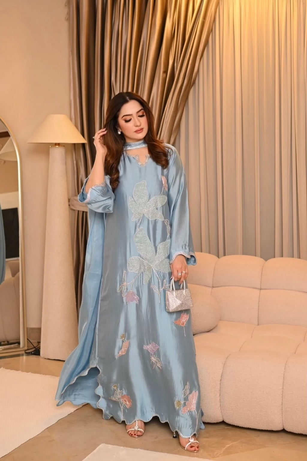LUXURY SILK KAFTAN – ICE BLUE | UNSTITCHED 2PC