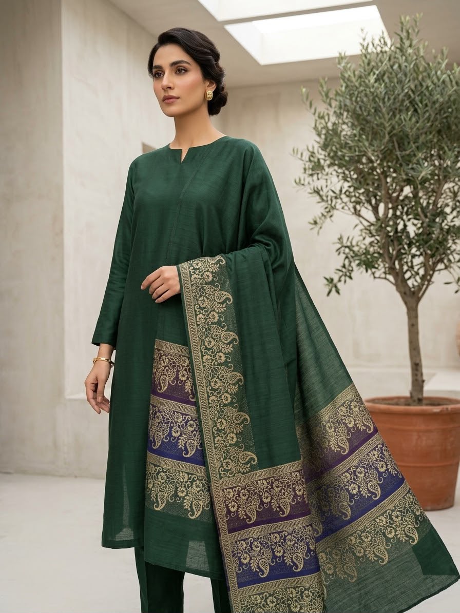 BAROSHA JACQUARD PASHMINA WOOL SHAWL WITH MARINA DHANAK | UNSTITCHED 3PC