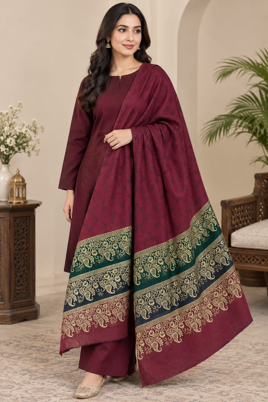 BAROSHA JACQUARD PASHMINA WOOL SHAWL WITH MARINA DHANAK | UNSTITCHED 3PC