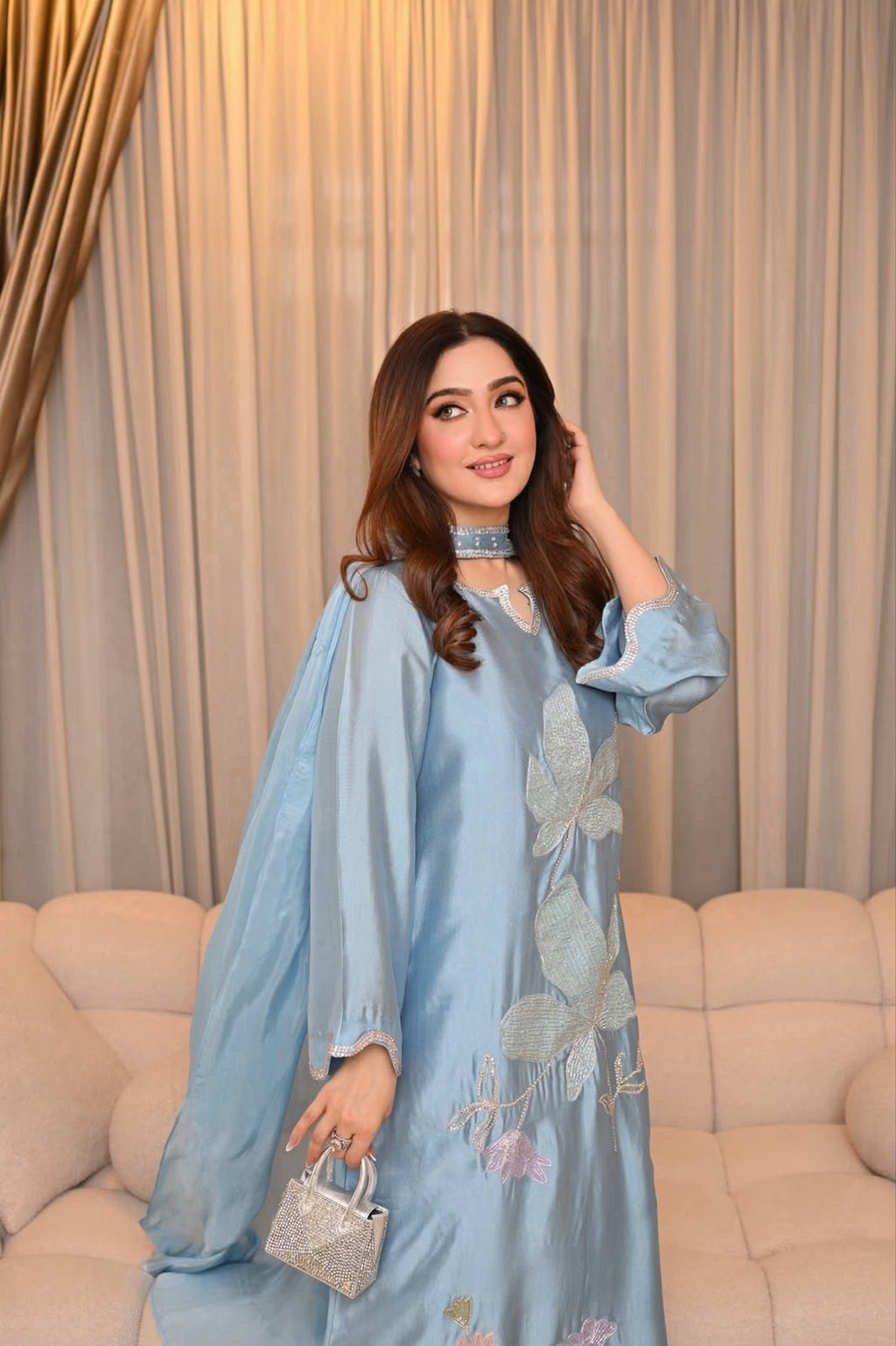 LUXURY SILK KAFTAN – ICE BLUE | UNSTITCHED 2PC